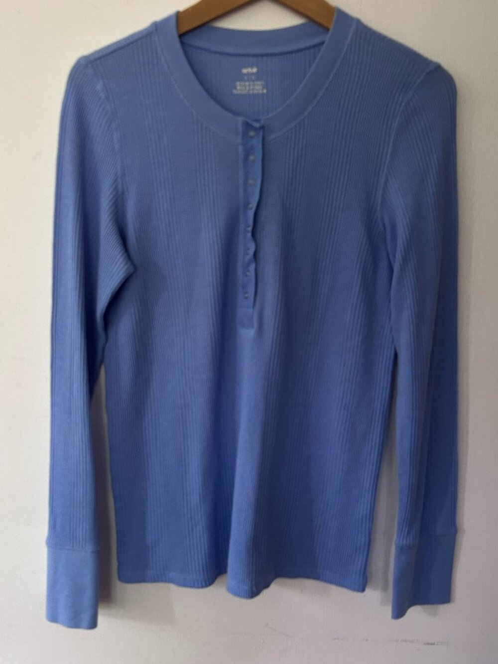Aerie Blue Henley Top Large Button Neck Long Sleeves Thick Cuffs